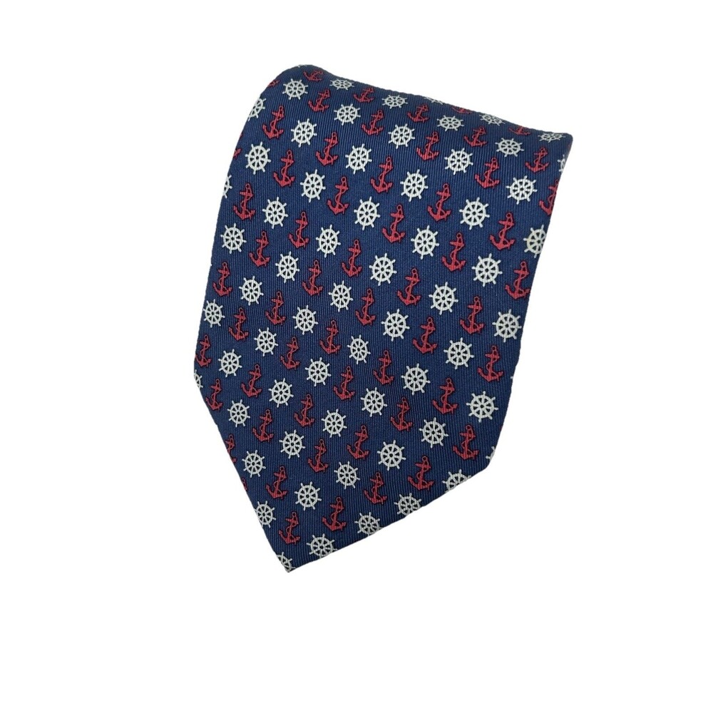 Vineyard Vines Tie Nautical Anchor & Helm‎ Pattern Blue Red White 100% Silk  59"
